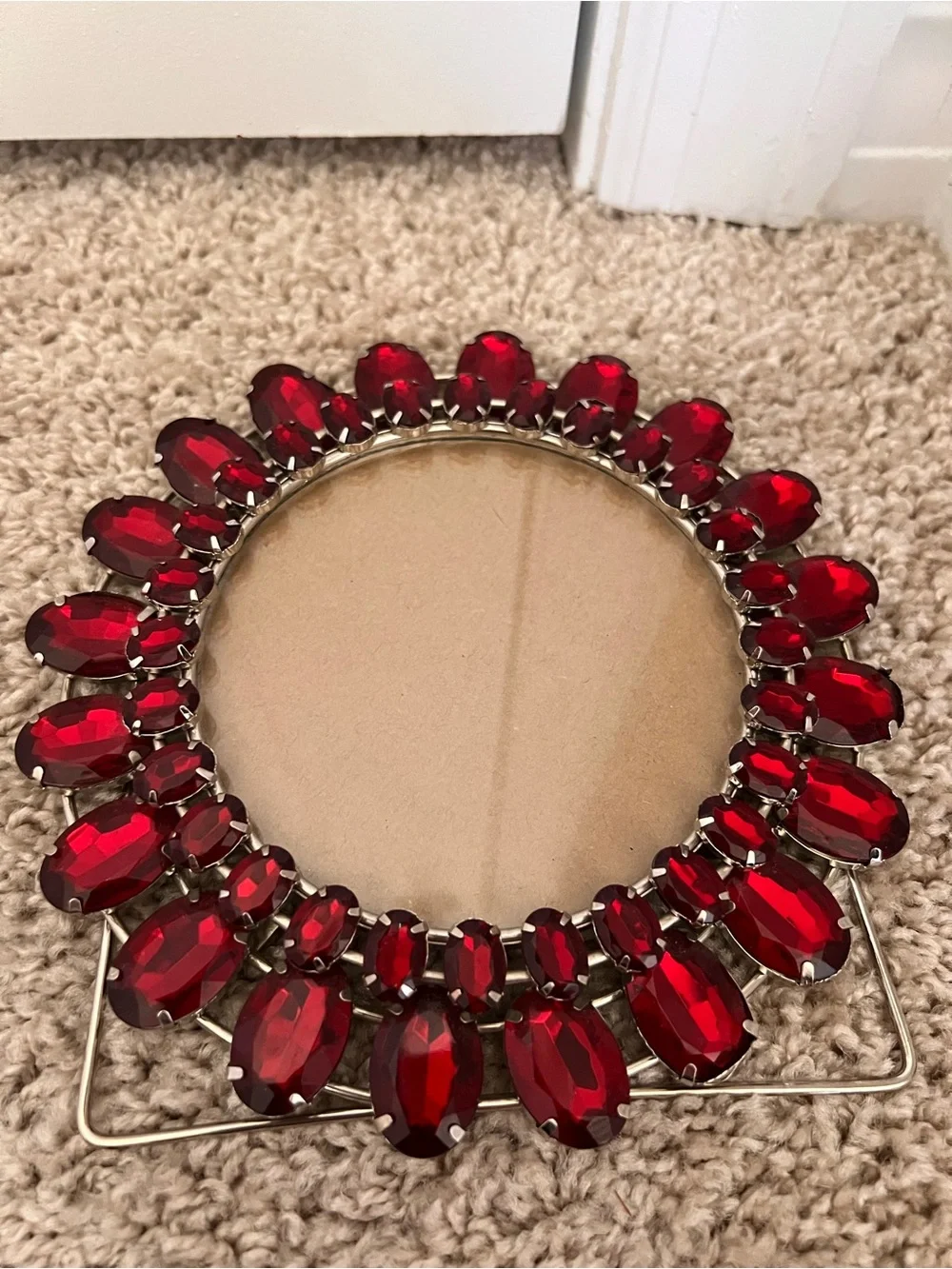 Ruby Red Jeweled Round Photo Frame Rhinestone Glam Tabletop Decor